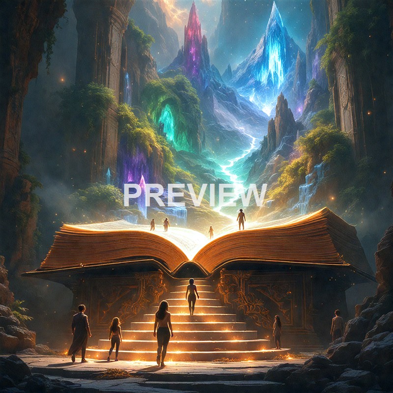 A fantastical scene of a giant open book serving as a staircase leading into a luminous, magical mountain landscape with waterfalls and glowing crystals, inhabited by a group of people.